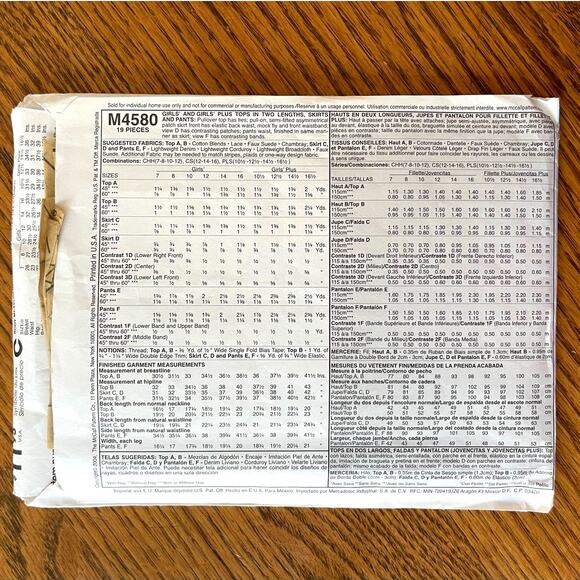 Vintage Y2K McCalls 4580 Sewing Pattern Womens Sz XXS-XS Top Skirt Pant COMPLETE - Picture 2 of 2